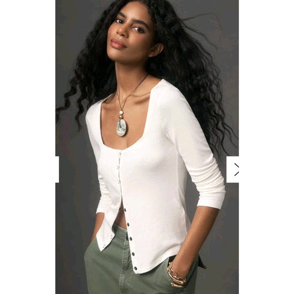Anthropologie Maeve Womens XL Cardigan Top Stretch Square Neck White Long Sleeve - Picture 1 of 11